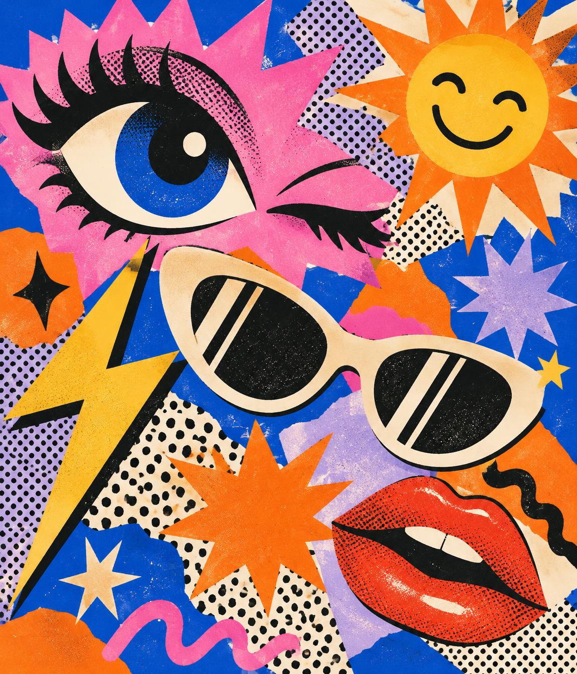 SwaggMade pop-art collage: a winking eye, sunglasses, a smiling sun and lightning bolt