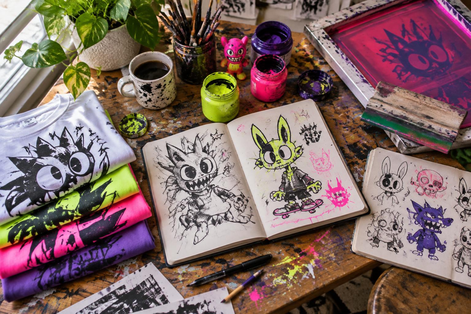 Sketchbooks and ink jars on the SwaggMade studio desk
